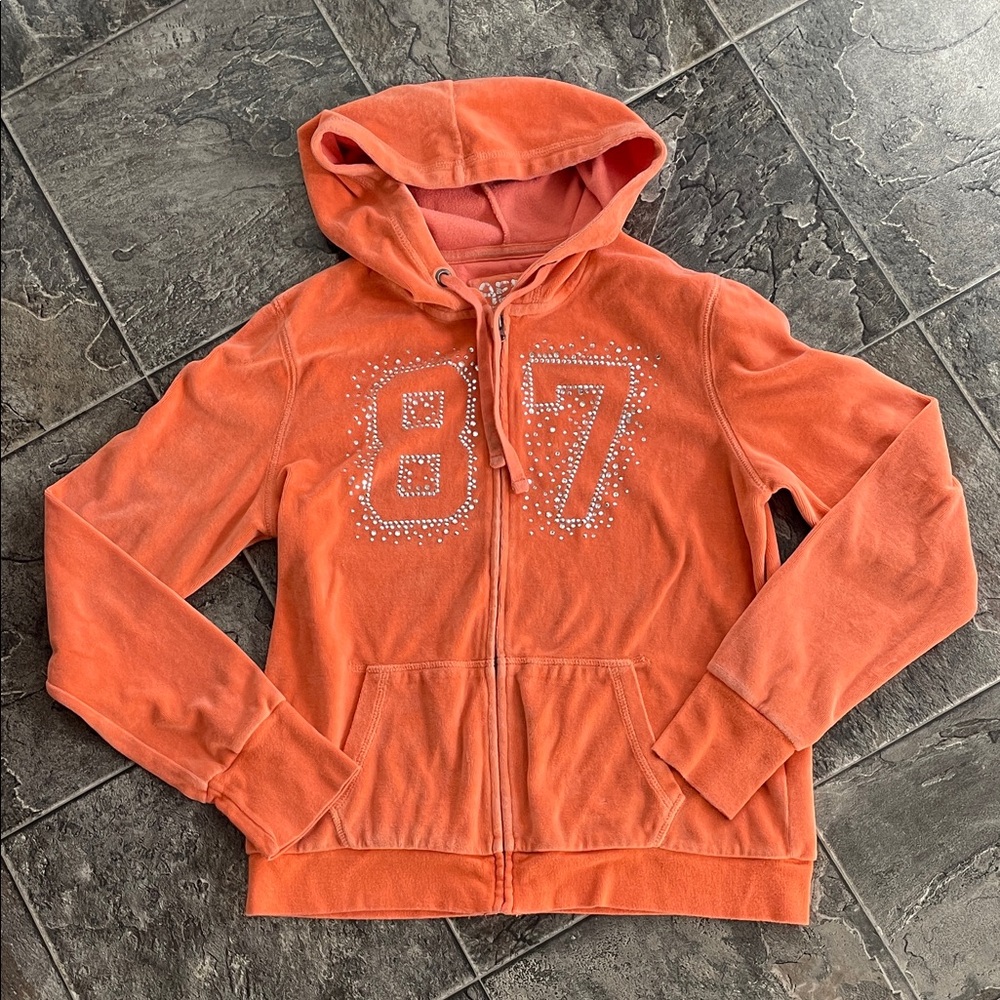 Vintage AERO Y2K Orange/Pink Velour Coquette Bedazzled Sparkly Streetwear Hoodie